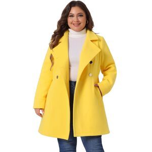 Plus Size A-Line Peter Pan Collar Double Breasted Coats Yellow